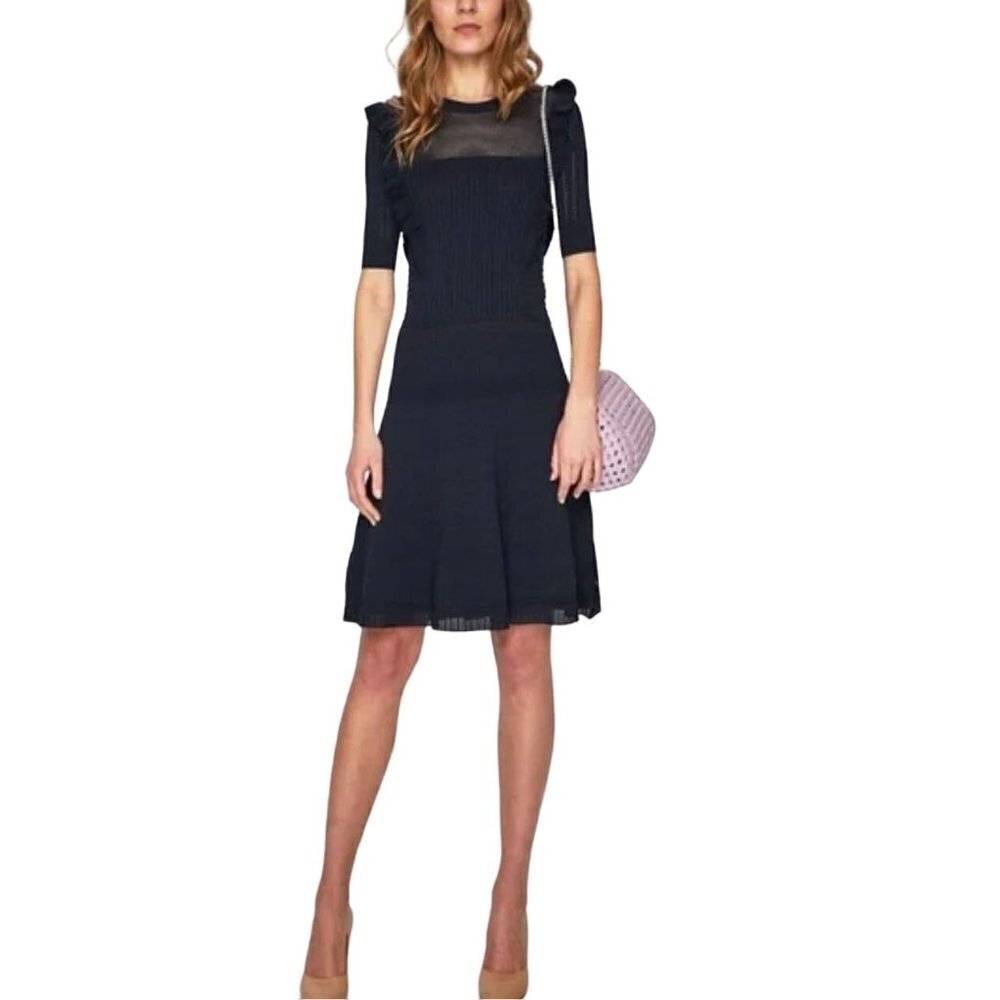 Scotch & Soda Navy Ribbed Knit Short Sleeve RuffleTrim Dress Size Small